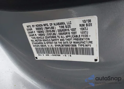 2009 Honda Odyssey Ex-L z USA, uszkodzony, nr VIN 5FNRL38759B013956